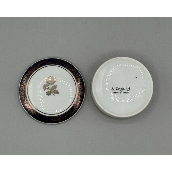 Porcelain Round Trinket Stash Box St. Regis Ltd Brazil Navy Blue Gold Floral - Picture 3 of 6